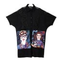 Damen schwarze Hemdkleider in lockerer Passform mit kurzen Ärmeln Bunter Druck von Frauenporträts Spitzenapplikationen Baumwolle und Polyester 2