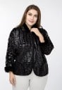 Damen schwarze Jacke mit glänzendem Krokodilledermuster Flauschiger Kragen und Manschetten Abgerundete vordere Spitzen Seitliche Taschen Material 8