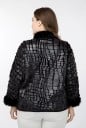 Damen schwarze Jacke mit glänzendem Krokodilledermuster Flauschiger Kragen und Manschetten Abgerundete vordere Spitzen Seitliche Taschen Material 10