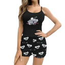 Damen schwarze Pyjama mit Koala-Motiv T-Shirt mit rundem Ausschnitt und Shorts aus weichem Polyester Bequemer Sommeranzug für ruhigen Schlaf 1