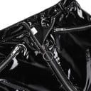 Damen schwarzer glänzender Minirock aus Kunstleder und Spandex Durchgehender Reißverschluss vorne mit Metallring Zwei schräg verlaufende 5