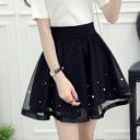 Damen schwarzer Minirock mit Unterrock Ausgestellter A-Linien-Schnitt Oberste Schicht aus Netzstoff Breiter elastischer Bund Gesäumter Saum 6