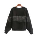 Damen schwarzer Pullover mit Fransen und mit Steinen verzierten Ärmeln Rundhalsausschnitt Überschnittene Schultern Gerippte Bündchen und Saum 2