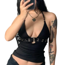 Damen schwarzes Top Dünne Träger V-Ausschnitt Unterbrustband Einfarbiger eleganter Top aus Polyester und Spandex 4