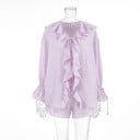 Damen Set Bluse und Shorts Bluse mit Rüschen und langen Ärmeln Verstellbarer Kordelzug in der Taille Polyester Zweiteiliger Sommeranzug 1