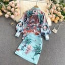 Damen Set hellblaue Bluse und Minirock mit tropischem Druck Bluse mit Ballonärmeln und Kragen Kurzer A-Linien-Rock Polyester 3