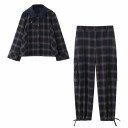 Damen Set kariertes Hemdjacke mit Kapuze und Polyesterhosen dunkelblau zweiteiliger Komplett für den Alltag und Freizeit 4