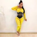 Damen-Set kurze Hoodie mit Reißverschluss und figurbetonte Hose mit hohem Bund Weiße kontrastierende Abschlüsse Stehkragen Lange Ärmel 6