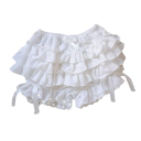 Damen Shorts Hohe Taille Einfarbig Spitze Chiffon Raffung Schleifen Elegant Romantische Sommer Shorts mit Spitzenverzierung 3