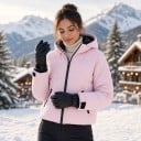 Damen Skijacke mit Kapuze und Reißverschlusstaschen, gesteppte rosa Jacke mit verstellbaren Ärmeln für Skifahren und Wintersport 4