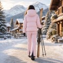 Damen Skiset gesteppte Jacke mit Kapuze und Skihosen mit ausgestellten Beinen rosa Set für Skifahren und Wintersport 7