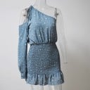Damen Sommer Mini Kleid mit einem Schulterträger Langer Ärmel mit Ausschnitt Rüschensrock Blau mit weißen Punkten Polyester und Chiffon 4