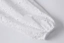 Damen Sommerbluse mit langen Ballonärmeln Weiße Waffelstruktur Madeirastickerei an den Ärmeln Lockerer Schnitt Runder Ausschnitt Polyester 7