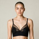 Damen Spitzen Bralette BH ohne Bügel mit V-Ausschnitt und transparenter Netzware mit breitem Unterband und dünnen Trägern 2