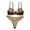 Damen Spitzen Set Unterwäsche in Dunkelbraun und Hautfarbe mit Bügel-BH und verstellbaren Trägern und Brazilian-Höschen 2