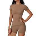 Damen Sportanzug mit Shorts und T-Shirt mit kurzen Ärmeln, einfarbig, Nylon, Polyester, bequem und stylisch für Fitness 6
