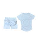 Damen Sportanzug mit Shorts und T-Shirt mit kurzen Ärmeln, einfarbig, Nylon, Spandex, bequem und stilvoll für Fitness 16