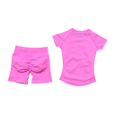 Damen Sportanzug mit Shorts und T-Shirt mit kurzen Ärmeln, einfarbig, Nylon, Spandex, bequem und stylisch für Fitness 9