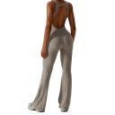 Damen Sportoverall mit Trägern und freiem Rücken und langen Hosen Einfarbiger Fitnessoverall aus Nylon und Spandex 6