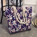 Damen Strandtasche mit Blumenmuster Geräumige Stofftasche mit Seilhänken Baumwolle und Polyester 41 x 35 x 10 cm Henkel 28 cm 1