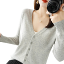 Damen Strickjacke mit V-Ausschnitt Eleganter Knopf-Cardigan Einfarbiger modischer Pullover Verschiedene Farben Polyester Acryl 13