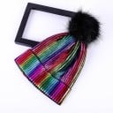 Damen Strickmütze mit metallischem Glanz und großem flauschigem Pompon Gerippter Strickstoff Umschlagrand Acryl Universelle Größe 4