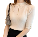 Damen Strickpullover mit halben Ärmeln und Rundhalsausschnitt, feiner Ausschnitt an der Brust, einfarbiger Top aus Acryl und Baumwolle, eleganter Stil 2