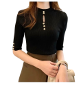 Damen Strickpullover mit halben Ärmeln und Rundhalsausschnitt, feiner Ausschnitt an der Brust, einfarbiger Top aus Acryl und Baumwolle, eleganter Stil 11