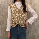 Damen Strickweste ohne Ärmel Durchbrochenes Blumenmuster V-Ausschnitt Knopfverschluss Gewellter Saum Baumwolle und Acryl 6
