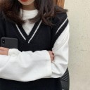 Damen Strickweste ohne Ärmel Lockere Oversize-Passform V-Ausschnitt mit kontrastierendem Streifen Gerippte Säume Mischgewebe aus Polyester 5