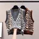 Damen Strickweste ohne Ärmel mit Zebra-Muster V-Ausschnitt Gerippte Abschlüsse Polyester Für Hemd und Langarmshirt 3