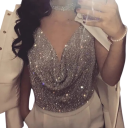 Damen Tanktop einfarbig Halbtransparent mit Strass V-Ausschnitt Dünne Träger Leichter Polyester-Top 5