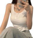 Damen Tanktop einfarbig Rundhalsausschnitt mit Knöpfen Breite Träger Leichter Polyesteroberteil für den Sommer und zum Schichten 2