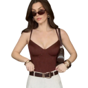 Damen Tanktop einfarbig V-Ausschnitt dünne Träger leichter Polyester-Top bequemer Sommer Schnitt für jeden Tag 3