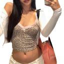 Damen Top mit Leopardenmuster Rundhalsausschnitt mit Schleife und Spitze Dünne Träger Polyester Spandex Sommer Elastisches Top 6