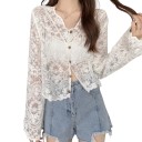 Damen transparente Bluse in kürzerer Länge mit langen Ärmeln und besticktem Blumenmuster auf Netzstoff, V-Ausschnitt und gewelltem Saum 1