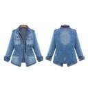 Damen verlängerte Jeansjacke mit Stehkragen und Reißverschluss Elastischer Bund mit Einsätzen Vier Klappentaschen Schulterriemen mit Knöpfen 3