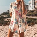 Damen verlängerte Sommerbluse mit Blumenmuster und feinen Streifen Lockere Passform Kurze Ärmel Abgerundeter Saum Polyester Cremefarben 2