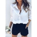 Damen weiße Bluse mit Volants vom Ausschnitt zu den Schultern Lange Ärmel mit Manschetten Klassischer Kragen Abgerundeter Saum Bluse aus Polyester 4