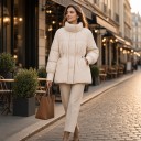 Damen Winter Daunenjacke mit Entenfedern, Stehkragen und Kordelzug in der Taille, strukturiert mit Ballonärmeln 7