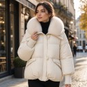 Damen Winter Daunenjacke mit Pelzkragen, Reißverschluss und Knöpfen mit Strickbündchen und Taschen mit Klappe 2