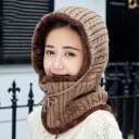 Damen Winter Strickhaube mit Futter aus Fell Schutz für Kopf, Ohren und Hals Zopfmuster Mit Kordelzug Baumwolle Einheitsgröße 3