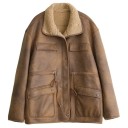 Damen Winterjacke 95% Polyester 5% Spandex Wendbare braune Jacke mit Reißverschluss und Druckknöpfen Auf einer Seite Pelzkragen Eleganter wärmender Mantel 1
