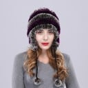 Damen Wintermütze aus gestricktem Fell mit Ohrenwärmer und Bändern mit Pompons Für sehr kaltes Wetter Universelle Größe 10