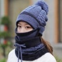 Damen Wintermütze mit Schal und Gesichtsmaske Set 3 in 1 Geflochtenes Zopfmuster und Pompon Baumwolle und Kaschmir Universelle Größe 4
