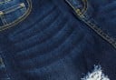 Damen zerrissener Jeansrock bis zu den Knien mit Schlitz vorne Enger Bleistift-Schnitt Fransiger Saum Kontrastnähte Dunkelblau Baumwolle 4