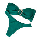 Damen Zweiteiler Bikini mit Bandeau-Oberteil und goldener Schnalle. Unifarbener Badeanzug mit String-Höschen für einen eleganten Sommer-Look 6