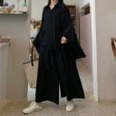 Damenanzug Hemd und Hose Schwarzes Oversize-Hemd mit großen Taschen und langen Ärmeln Weite lange Hose Polyester 2