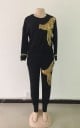 Damenanzug Sweatshirt und Jogginghose mit goldenem glänzendem Dekor Schwarzes Set mit langen Ärmeln und rundem Ausschnitt Polyester und Baumwolle 2