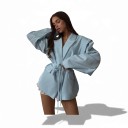 Damenblazer mit Gürtel in der Taille Wickelschnitt Ausdrucksstarke Schultern Spitzlaschen Klappentaschen Polyester Für die Arbeit 4
